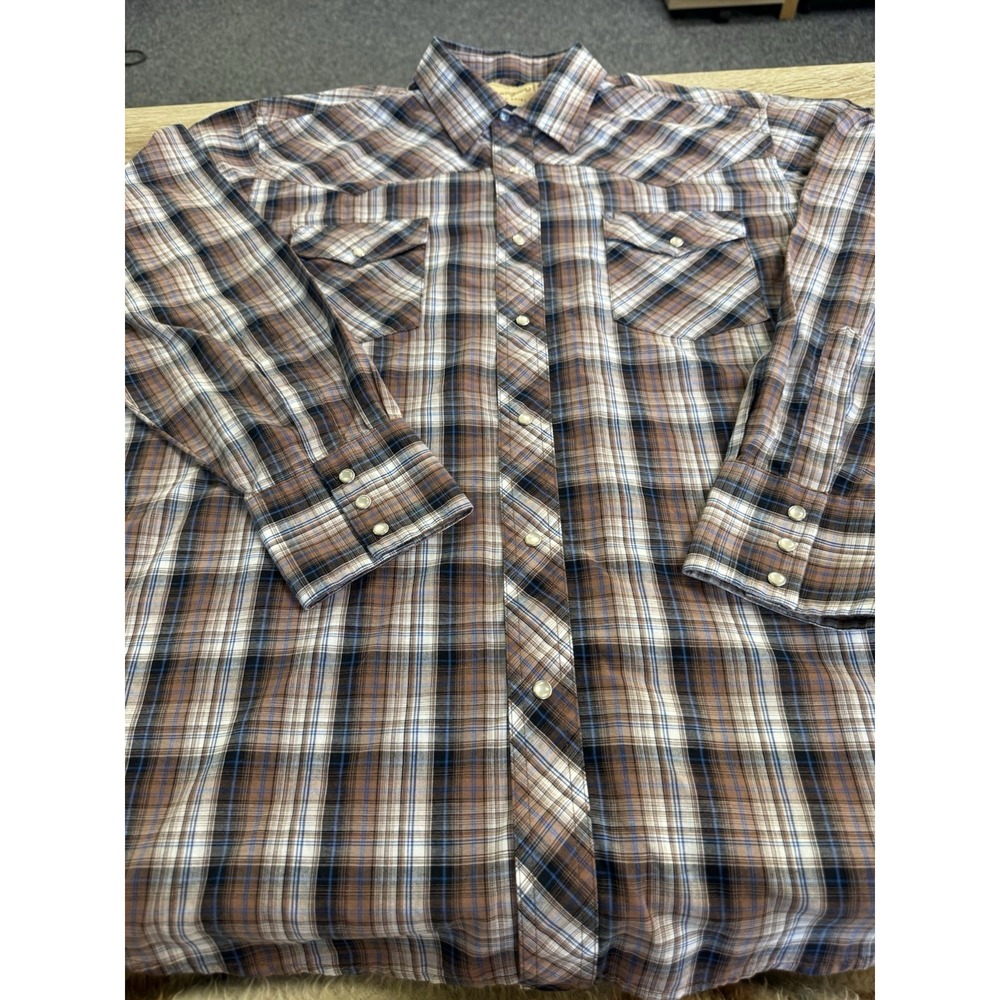 Vintage Men's Wrangler Pearl Snap Long Sleeve Brown Plaid Size XL A7